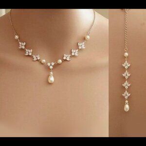 Rose Gold Bridal Wedding Jewelry Set For Bride Peal Necklace Earrings Set